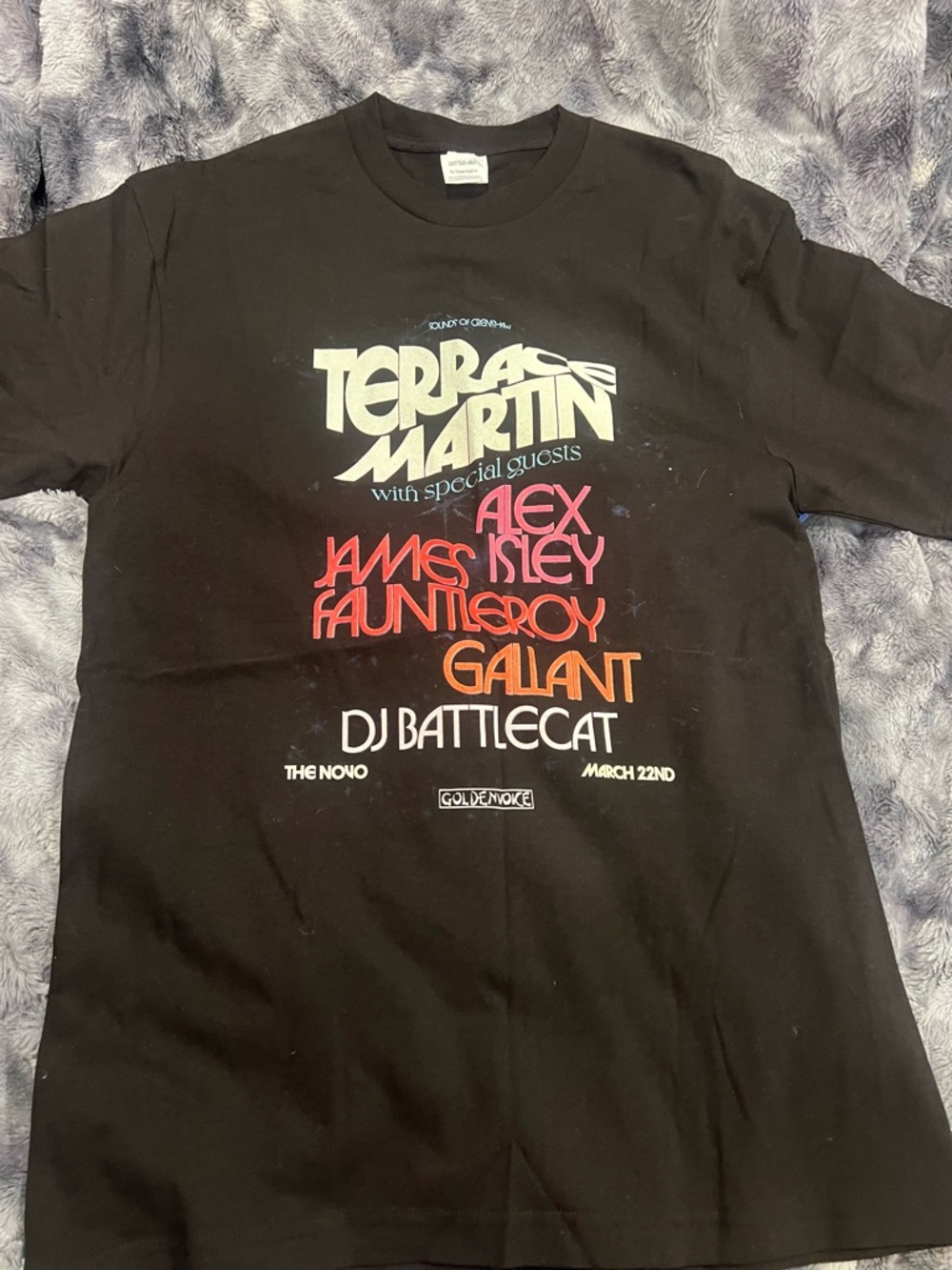 Classic Black Short Sleeve Tee with Multicolor Band Print